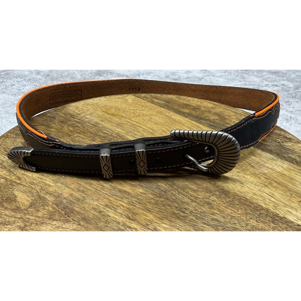 Panhandle Slim Western Belt 30 Black Leather Heart Stitch Orange Trim Buckle